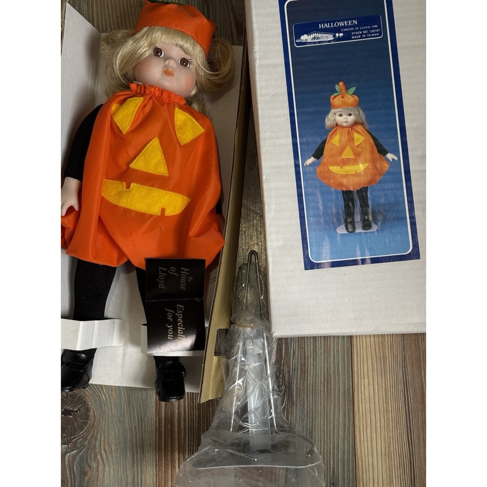 1990 House of Lloyd 16" Porcelain Halloween Doll with Stand #120167 NIB Vintage